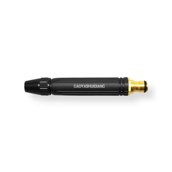 Nozzle semprotan air jet warna hitam dengan ujung kuningan dan desain ramping