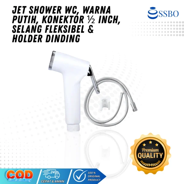 Jet shower WC SSBO warna putih dengan selang fleksibel, konektor ½ inch, dan holder dinding untuk kamar mandi.