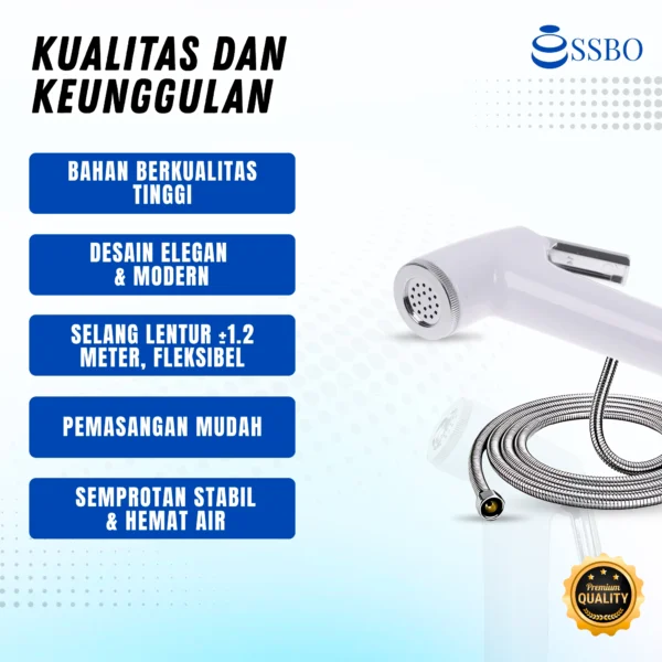 Jet shower WC SSBO warna putih dengan selang fleksibel, konektor ½ inch, dan holder dinding untuk kamar mandi.
