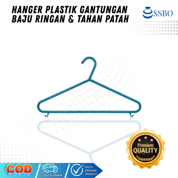 Hanger plastik SSBO warna serbaguna, ringan, kuat, dan tahan patah untuk gantungan baju harian.