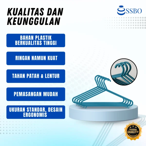 Hanger plastik SSBO warna serbaguna, ringan, kuat, dan tahan patah untuk gantungan baju harian.