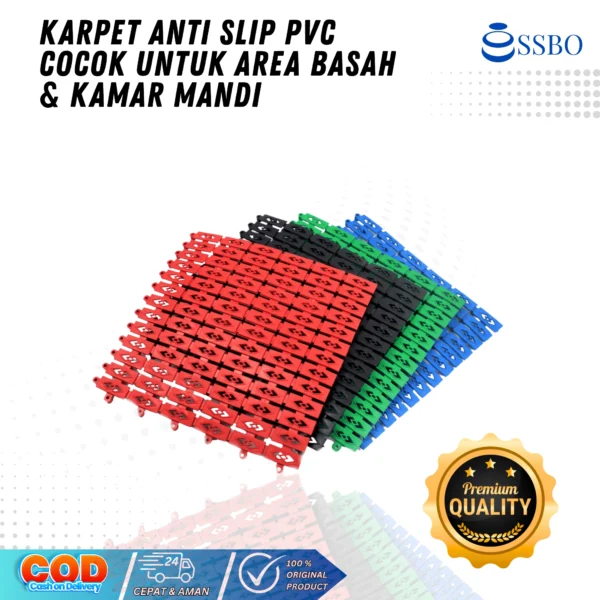 Karpet anti slip PVC SSBO untuk kamar mandi, dapur, dan area basah, mencegah terpeleset dan memberikan kenyamanan pijakan.