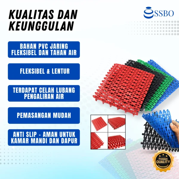 Karpet anti slip PVC SSBO untuk kamar mandi, dapur, dan area basah, mencegah terpeleset dan memberikan kenyamanan pijakan.