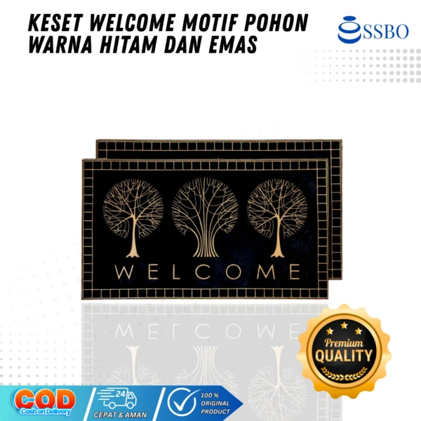 Keset welcome motif pohon warna hitam dan emas, elegan, anti slip, dan cocok untuk pintu masuk rumah atau kantor.