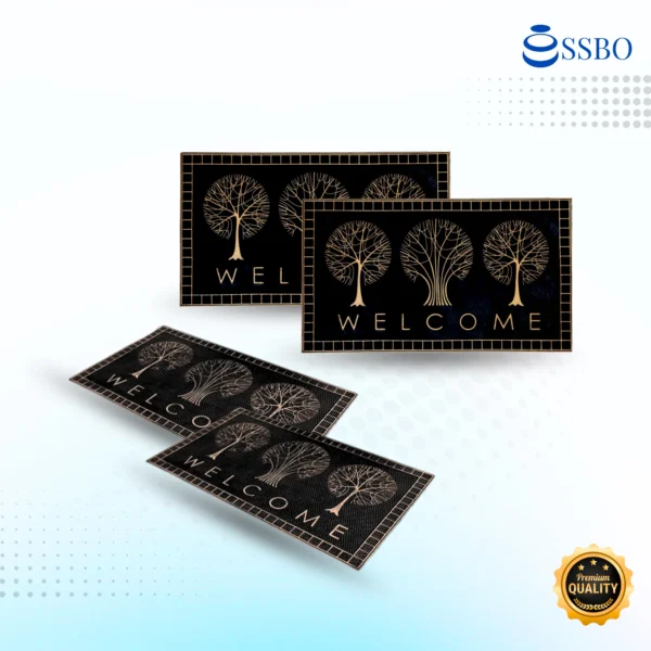 Keset welcome motif pohon warna hitam dan emas, elegan, anti slip, dan cocok untuk pintu masuk rumah atau kantor.
