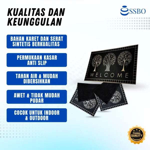 Keset welcome motif pohon warna hitam dan emas, elegan, anti slip, dan cocok untuk pintu masuk rumah atau kantor.