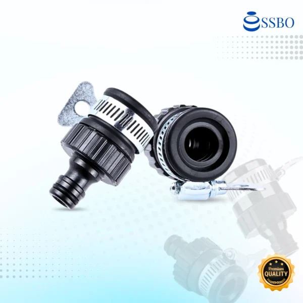 Konektor selang universal SSBO warna hitam dengan ring karet anti bocor untuk sambungan selang air yang rapat dan aman.