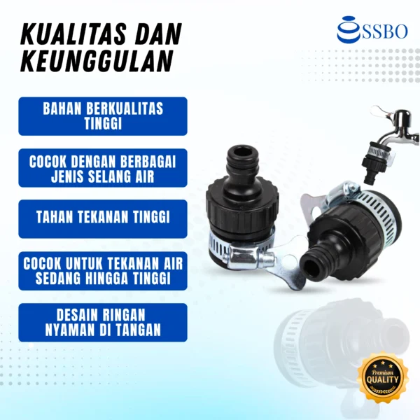 Konektor selang universal SSBO warna hitam dengan ring karet anti bocor untuk sambungan selang air yang rapat dan aman.