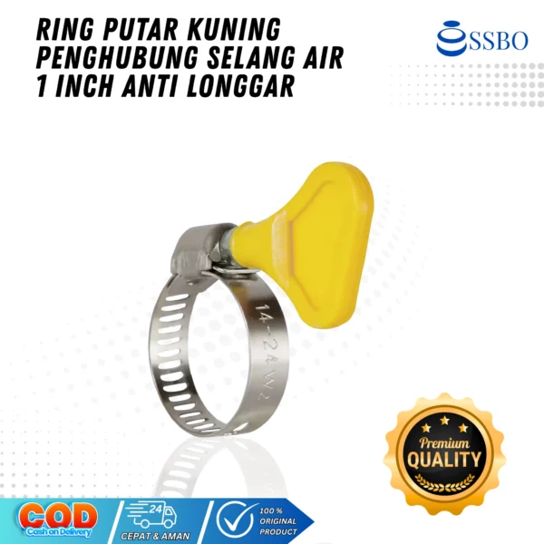Ring putar SSBO warna kuning ukuran 1 inch, penghubung selang air dengan sistem putar anti longgar dan tahan tekanan tinggi