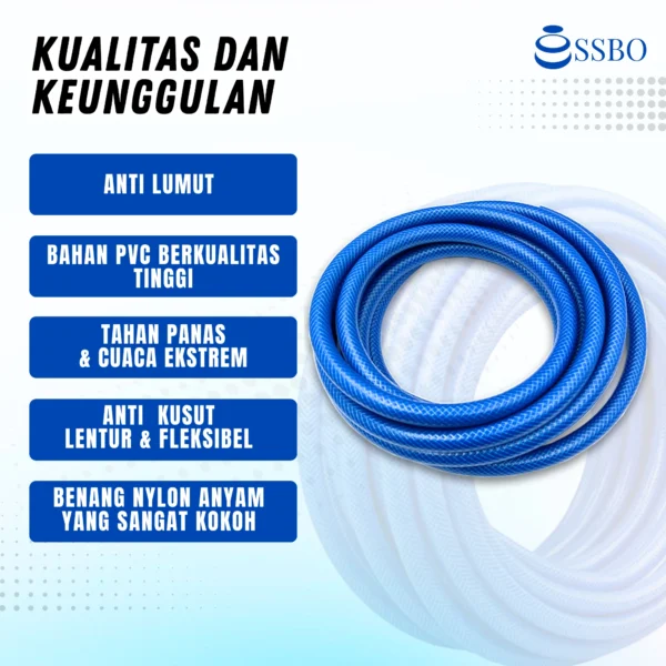 Selang air PVC warna biru ukuran 3/4 inch, kuat, lentur, dan tahan lama untuk kebutuhan rumah, taman, dan industri ringan.