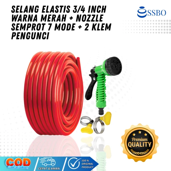 Selang elastis merah 3/4 inch dengan nozzle semprot 7 mode dan 2 klem pengunci.