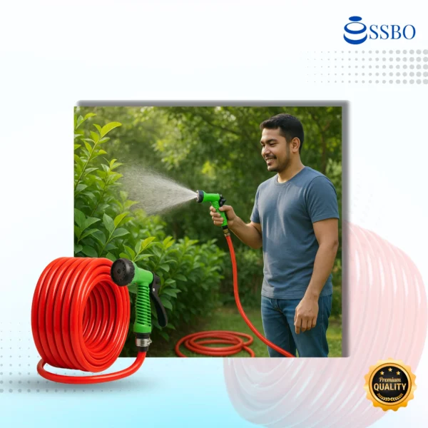 Selang elastis merah 3/4 inch dengan nozzle semprot 7 mode dan 2 klem pengunci.