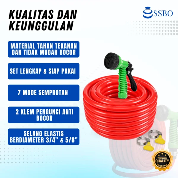 Paket selang elastis warna merah ukuran 3/4 inch lengkap dengan nozzle semprot 7 mode multifungsi dan 2 klem pengunci logam. Ideal untuk kebutuhan menyiram tanaman, mencuci kendaraan, atau pekerjaan outdoor lainnya.