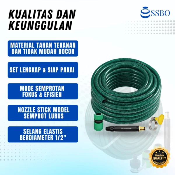 Paket Lengkap, Langsung Pakai! Nikmati kemudahan menyiram dan membersihkan dengan selang PVC SSBO 1/2 inch berwarna hijau ini. Material PVC berkualitas menjadikannya lentur, tahan lama, dan anti kusut. Dilengkapi nozzle stick yang bisa diatur semprotan airnya, serta aksesoris pendukung untuk pemasangan cepat dan praktis.