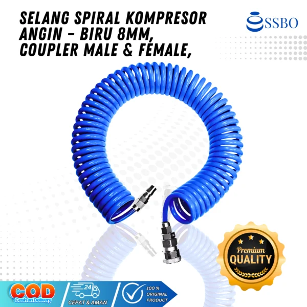 Selang spiral kompresor angin warna biru ukuran 8 mm dengan coupler male dan female, fleksibel dan tahan tekanan tinggi.