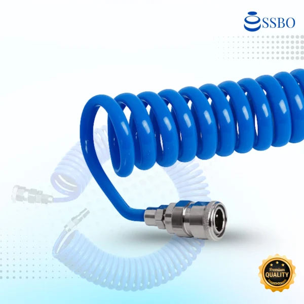 Selang spiral kompresor angin warna biru ukuran 8 mm dengan coupler male dan female, fleksibel dan tahan tekanan tinggi.