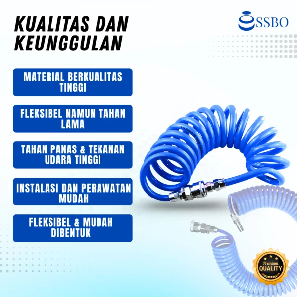 Selang spiral kompresor angin warna biru ukuran 8 mm dengan coupler male dan female, fleksibel dan tahan tekanan tinggi.