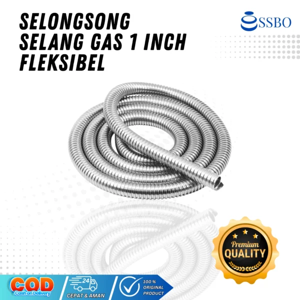 Selongsong pelindung selang gas SSBO 1 inch berwarna hitam, fleksibel dan tahan panas.