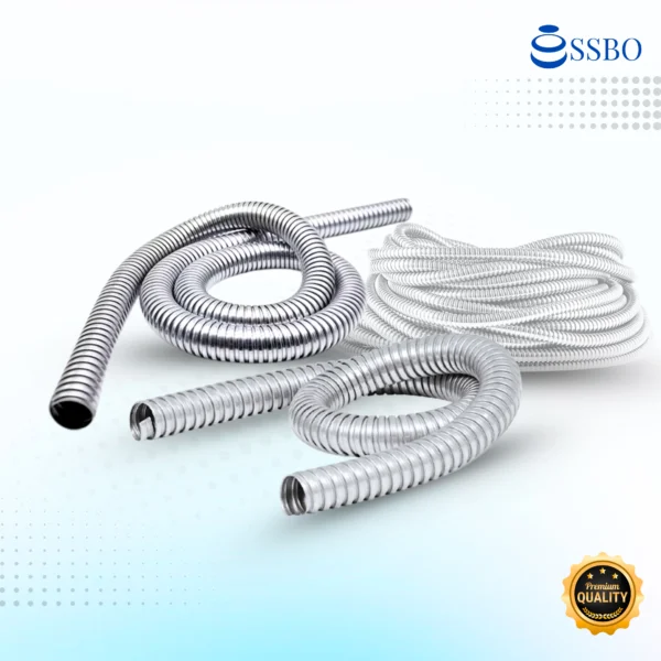 Selongsong pelindung selang gas SSBO 1 inch berwarna hitam, fleksibel dan tahan panas.
