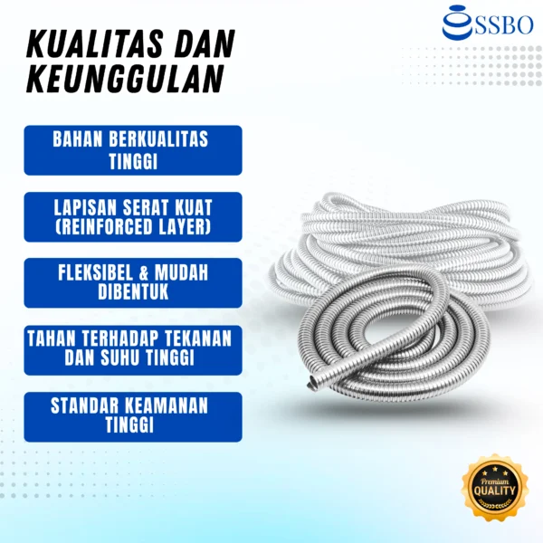 Selongsong pelindung selang gas SSBO 1 inch berwarna hitam, fleksibel dan tahan panas.