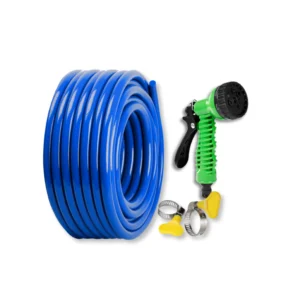 Selang elastis 1/2 inci warna biru dengan semprotan nozzle hijau 7 mode dan 2 klem pengunci