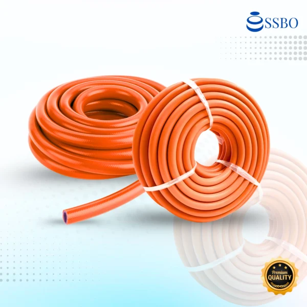 Selang gas SSBO 3 lapis warna oranye ukuran 10 mm, tahan panas dan tekanan tinggi, aman untuk kompor LPG.
