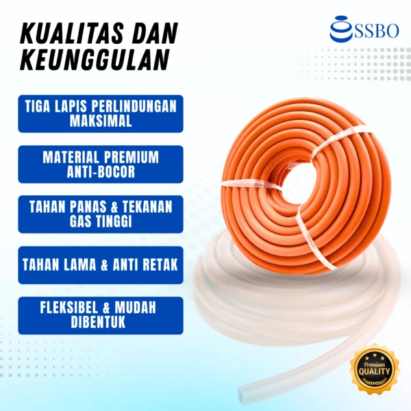 Selang gas SSBO 3 lapis warna oranye ukuran 10 mm, tahan panas dan tekanan tinggi, aman untuk kompor LPG.