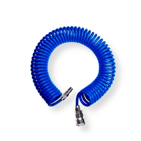 Selang spiral angin warna biru dilengkapi coupler male dan female standar untuk kompresor