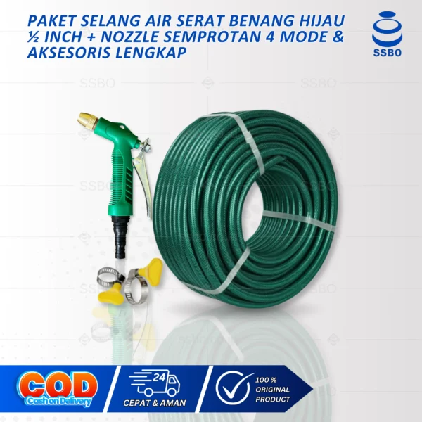 Selang PVC Hijau 1/2” SSBO – Tampilan utama produk dengan Nozzle C dan aksesoris lengkap