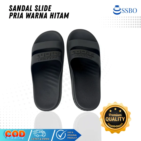 Sandal slide pria SSBO hitam premium dengan desain sporty dan kenyamanan maksimal untuk dipakai harian.
