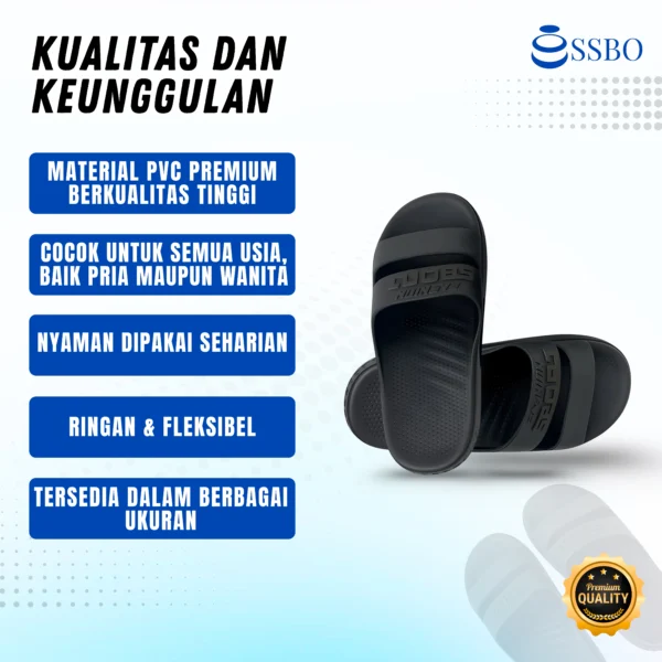 Sandal slide pria SSBO hitam premium dengan desain sporty dan kenyamanan maksimal untuk dipakai harian.