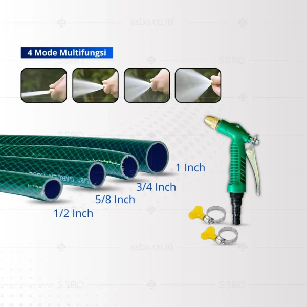 Selang PVC Hijau SSBO 1/2” – Tampak samping selang dan nozzle premium