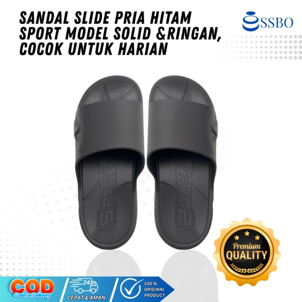 Sandal slide pria SSBO warna hitam model sporty, ringan dan nyaman dipakai harian